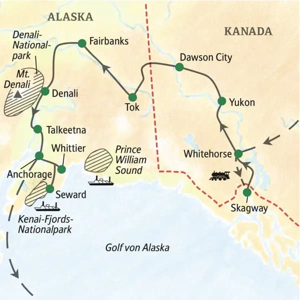 In gut zwei Wochen mit Studiosus zu den Highlights im kanadischen Yukon und in Alaska. Mit Denali-Nationalpark und erlebnisreichen Bootsfahrten im Prince William Sound zur Tierwelt im marittimen Teil von Alaska.