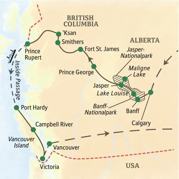 Der Westen Kanadas ist ein echtes Naturabenteuer! Ihre Studienreise führt von Calgary durch die Rocky Mountains in den Norden von British Columbia und nach Vancouver Island.