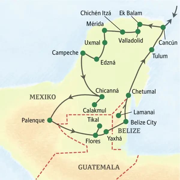 Unsere Reiseroute durch Mexiko, Guatemala und Belize startet in Cancún und führt über Chichén Itzá, Campeche, Palenque, Tikal und Belize zurück zu unserem Ausgangspunkt. Sie erleben auch die Götterwelt der Mayas in Uxmal und Umgebung.