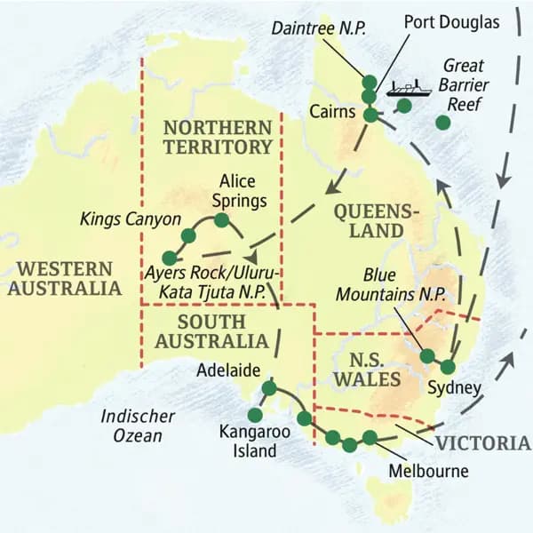 Die Karte zeigt den Verlauf der Australienreise mit Fokus auf die Natur des Landes: Sydney, Blue Mountains, Cairns, Great Barrier Reef, Daintree Nationalpark, Ayers Rock, Kings Canyon, Alice Springs, Adelaide, Kangaroo Island, Melbourne