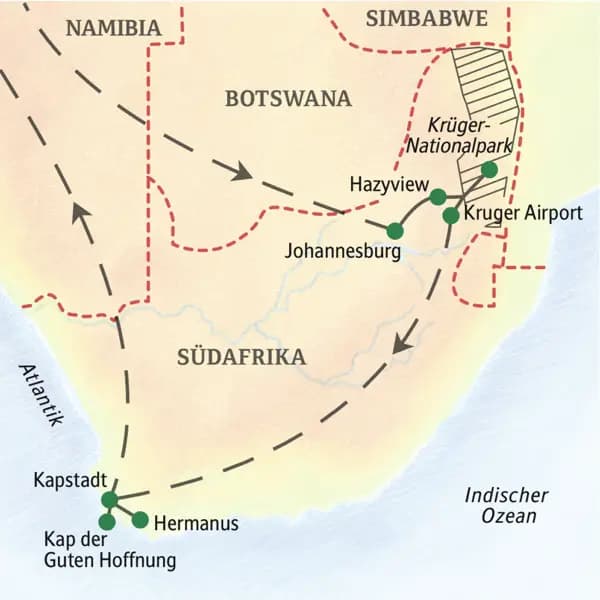 Die Familienreise Südafrika führt von Johannesburg zum Krügerpark. Nach ausführlichen Safaritagen fliegen wir nach Kapstadt und versuchen zu den Big Five auch noch Wale zu entdecken.