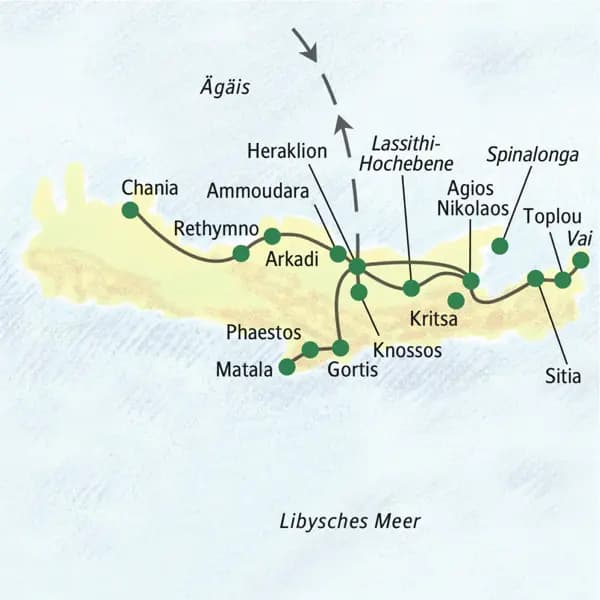 Die Reiseroute der Studienreise Kreta - Höhepunkte führt uns in die verschiedensten Ecken der Insel. Wir sehen Knossos, Matala, Spinalonga, Chania und vieles mehr.