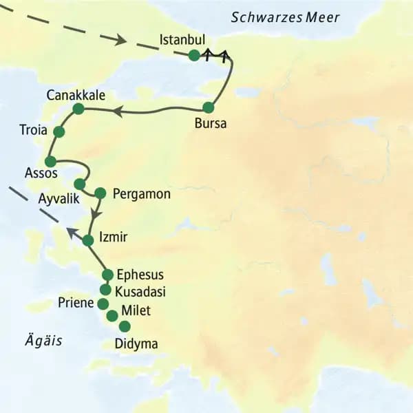 Die Landkarte zeigt die Reiseroute durch die Westtürkei: von Istanbul über Bursa an der Ägäisküste entlang nach Troia, Pergamon und Ephesus.