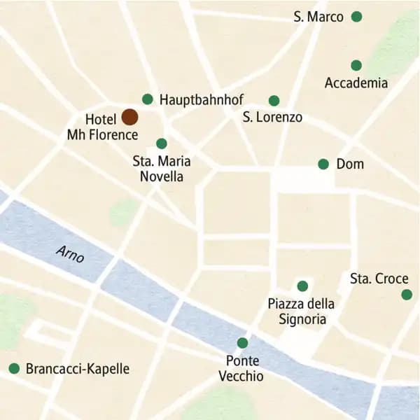 Der Stadtplan von Florenz zeigt neben der zentralen Lage unseres Hotels Mh Florence die wichtigsten Sehenswürdigkeiten, die auf dieser Klassik-Studienreise besucht werden: Sta. Maria Novella, Ponte Vecchio, Sta.Croce, Accademia, Brancaccikapelle u. a. m.