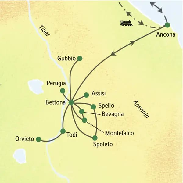 Achttägige Studienreise nach Umbrien mit Übernachtungen in Ancona und Besuchen von Assisi, Perugia, Spoleto, Gubbio, Todi, Orvieto und weiteren, kleineren Orten.