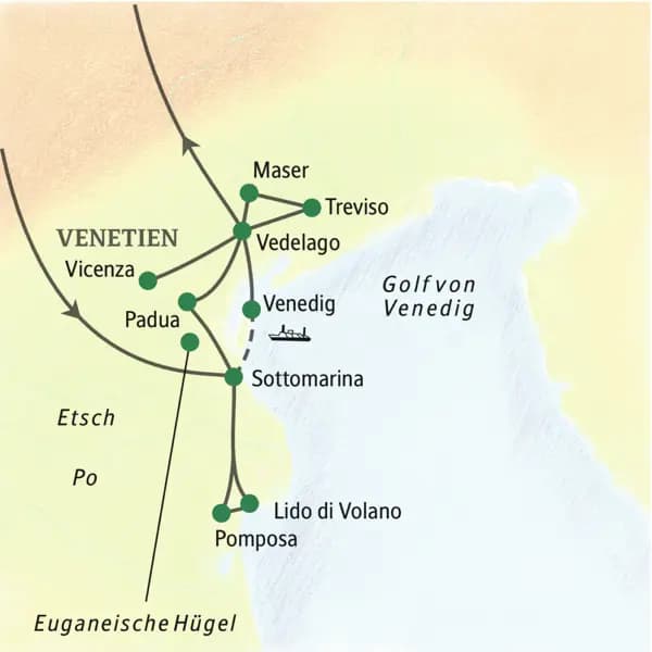 Auf unserer Studienreise durch Venetien machen wir Station in Vedelago und Sottomarina, erleben eine Bootsfahrt durch die Lagune und z. B. die Orte Padua, Podelta, Pomposa.