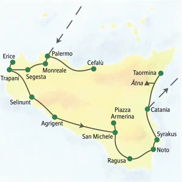 Unsere Reiseroute auf Sizilien beginnt in Palermo (mit Tagesausausflug nach Cefalù). Weitere Stationen sind Trapani, Selinunt, Agrigent, San Michele, Syrakus und Taormina.