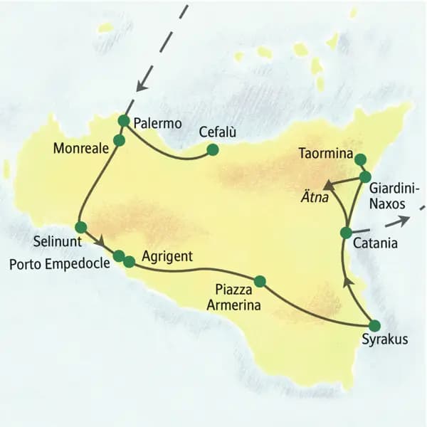 Unsere Reiseroute der Studienreise nach Sizilien führt von Palermo über Monreale, Selinunt, Agrigent, Syrakus, Taormina bis nach Catania.