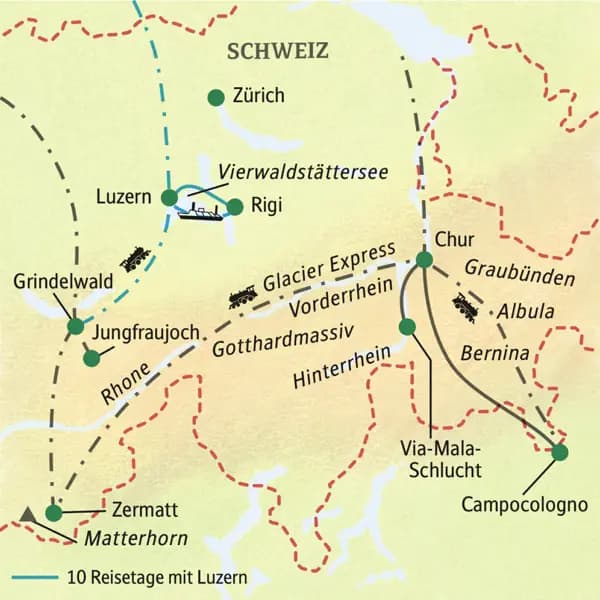 Die Reiseroute dieser Studienreise führt durch die Schweizer Berge - mit dem Glacier Express und der Berninabahn. Im Programm: Matterhorn, Jungfraujoch und Interlaken, Luzern und Vierwaldstätter See und die Via-Mala-Schlucht.