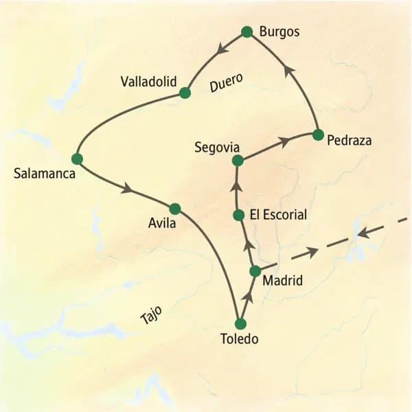 In der Hauptstadt Madrid beginnt und endet unsere zehntägige Rundreise mit Studiosus-Reiseleitung durch die Städte Kastiliens, wie z. B. El Escorial, Pedraza, Burgos, Salamanca, Avila und Toledo.