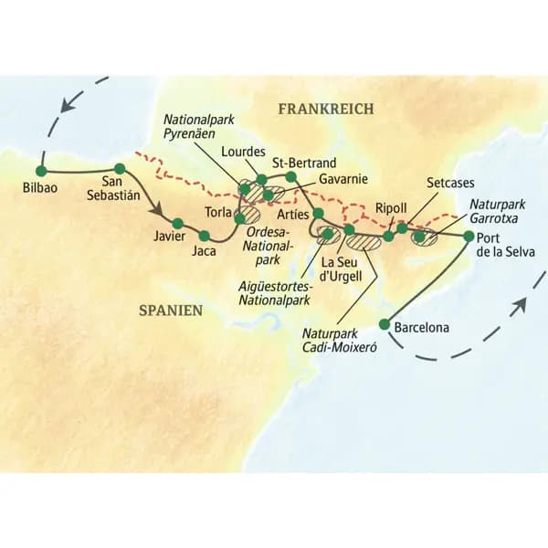 Die Reiseroute unserer Wanderreise durch die Pyrenäen beginnt in Bilbao und führt über San Sebastián, Javier und Torla nach Lourdes in Frankreich und wieder zurück nach Spanien über Artiés, La Seu d' Urgell und Setcases nach Port de la Selva am Mittelmeer.