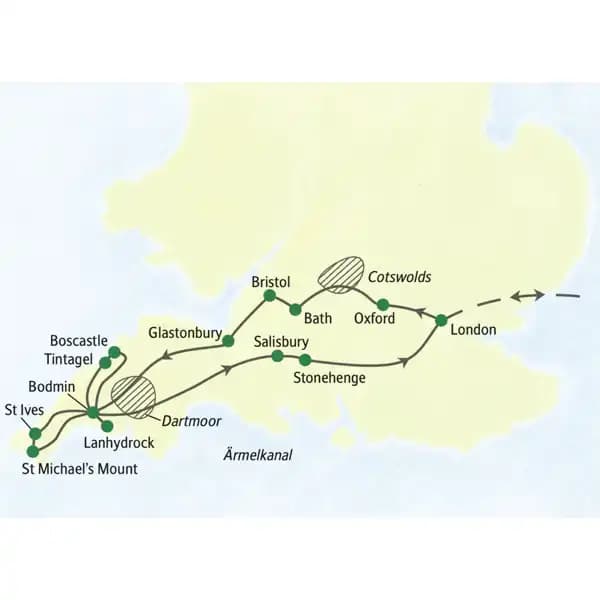 Reiseroute der Studienreise Südengland im Überblick mit Oxford, Cotswolds, Bath, Salisbury und Stonehenge. Dazu Cornwall mit Tintagel, Lanhydrock und St Ives