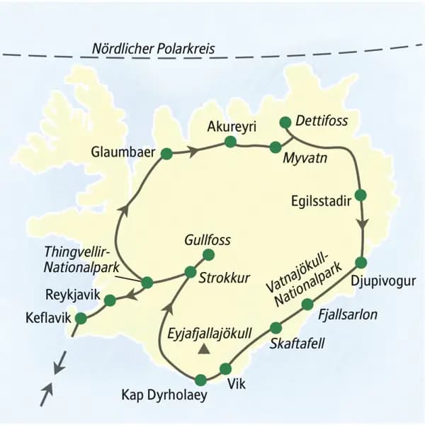 Karte von Island mit eingezeichnetem Verlauf der Studiosus Preiswert-Reise Island - unter dem Polarkreis