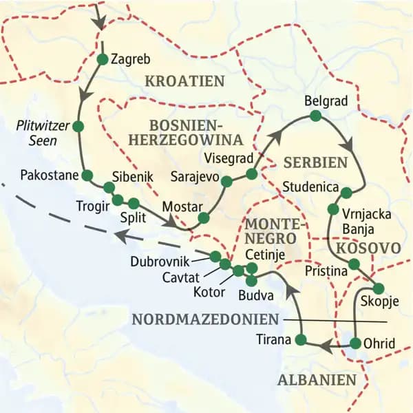 Die Reiseroute unserer klassischen, 15-tägigen Studienreise durch den Balkan führt über Kroatien, Bosnien-Herzegowina, Serbien, Nordmazedonien, Montenegro und Albanien, dazu ein Abstecher in den Kosovo.