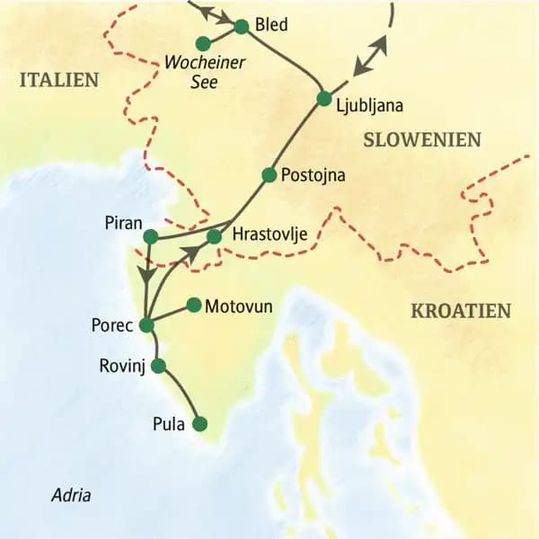 Höhepunkte der neuntägigen Studienreise Slowenien-Istrien mit Muße sind der Bleder See, Ljubljana, Porec, Pula, Rovinj und die Höhlen von Postojna.