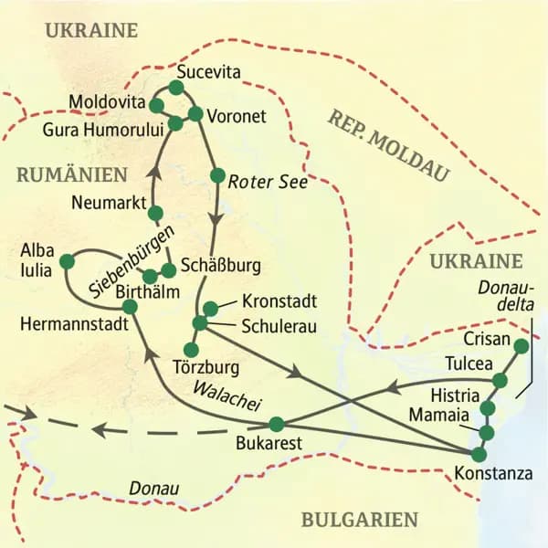 Unsere Studienreise nach Rumänien startet in Bukarest und führt über Hermannstadt, Schäßburg, Gura Humorului, Kronstadt, Eforie zurück nach Bukarest.