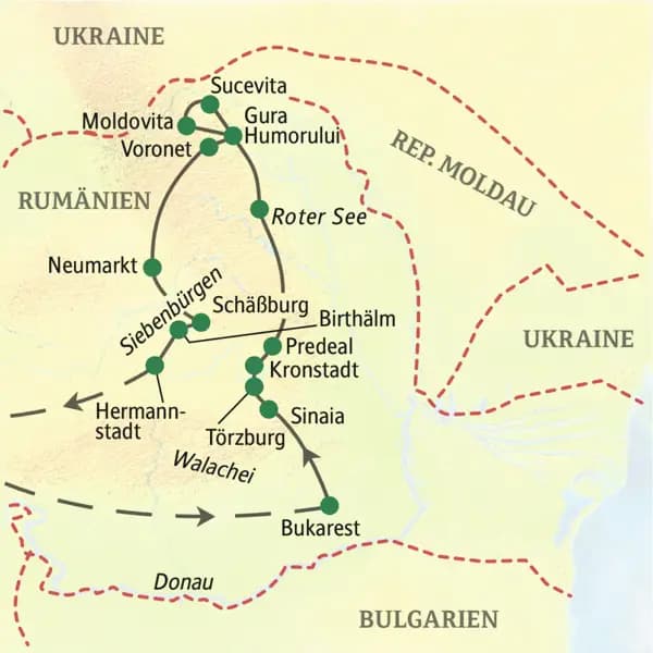 Die Route der Wander-Studienreise nach Rumänien führt nach Bukarest, Sinaia, Törzburg, Kronstadt, Predeal, zum Roten See, nach Gura Humorului, Sucevita, Moldovita, Voronet, Neumarkt, Schäßburg, Birthälm  und Hermannstadt.