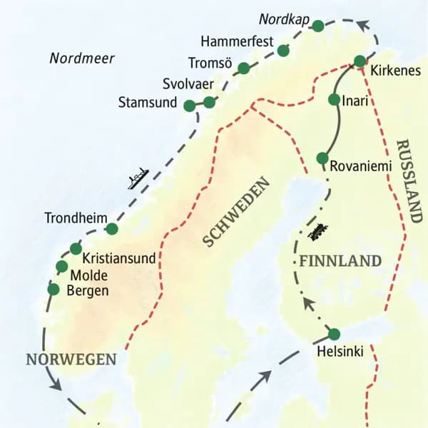 Die Route dieser Studiosus-Reise führt von Helsinki durch Lappland nach Kirkenes und dann an Bord eines Postschiffs an der norwegischen Küste entlang nach Bergen.