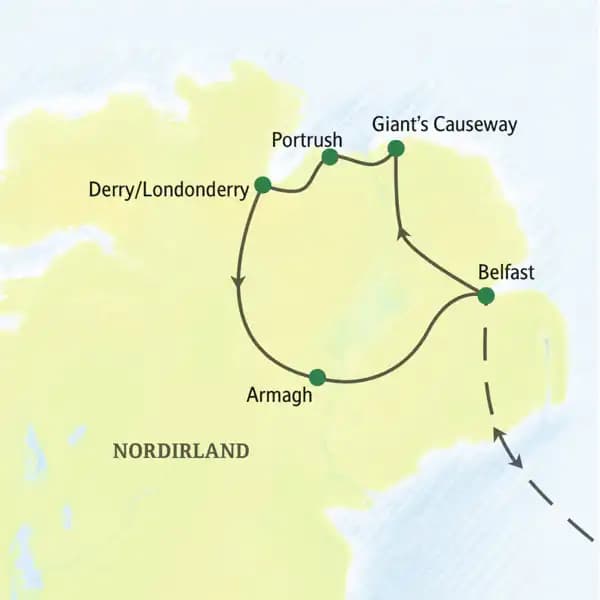 Die Karte zeigt den VErlauf unserer Nordirlandrundreise zum Kennenlernen: Belfast, Armagh, Portrush, Derry/Londonderry.