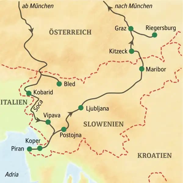 Unsere Reise druch Slowenien und die Steiermark führt über BLed und Kobarid in den Julischen Aplen an die Adria nach Piran, über Postojna, Ljubljana und Kitzeck nach Graz, und schließlich in die Vulkanregion um die Riegersburg.