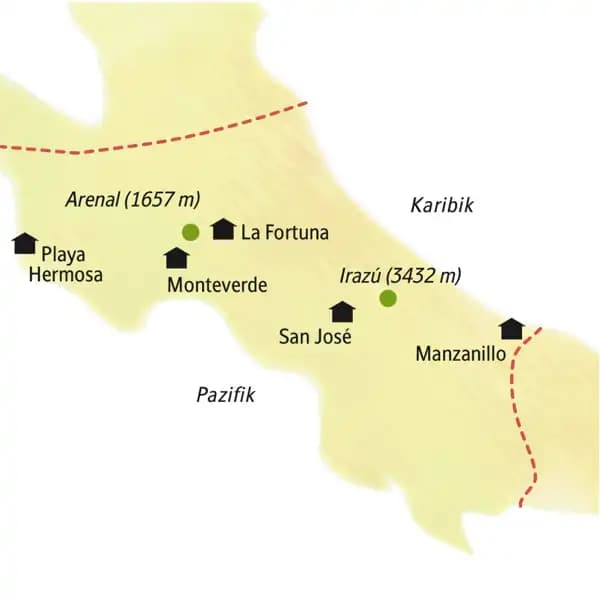 Unsere Reiseroute durch Costa Rica startet in San José und führt zunächst nach Manzanillo an die Karibikküste, danach über La Fortuna und Monteverde und schließlich an den Pazifik an die Playa Hermosa.