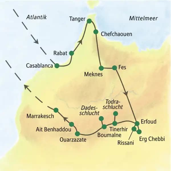 In zwei Wochen mit Ihrer Studiosus-Reiseleiterin die Vielfalt Marokkos kennenlernen: die Königsstädte Rabat, Meknes, Fes und Marrakesch, dazu den Norden mit Rifgebirge, Tanger und Chefchaouen, die Landschaften am Sahararand und die Straße der Kasbahs. Eine Studienreise, die alle Sinne berührt. Hier der Reiseverlauf der Studienreise Marokko - zwischen Rif und Atlas